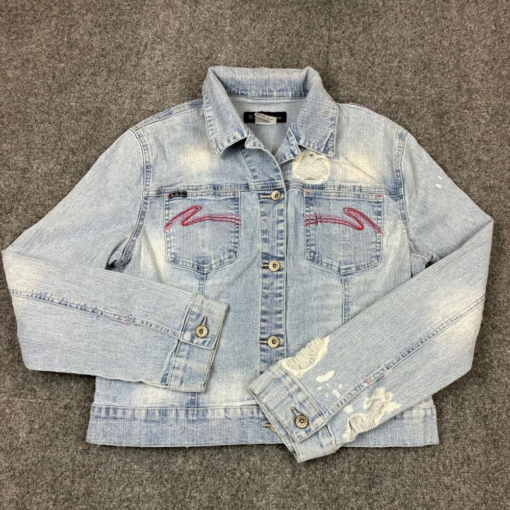 RVT Jeans Co Womens Size XL Light Wash Distressed Denim Jacket Trucker Jacket